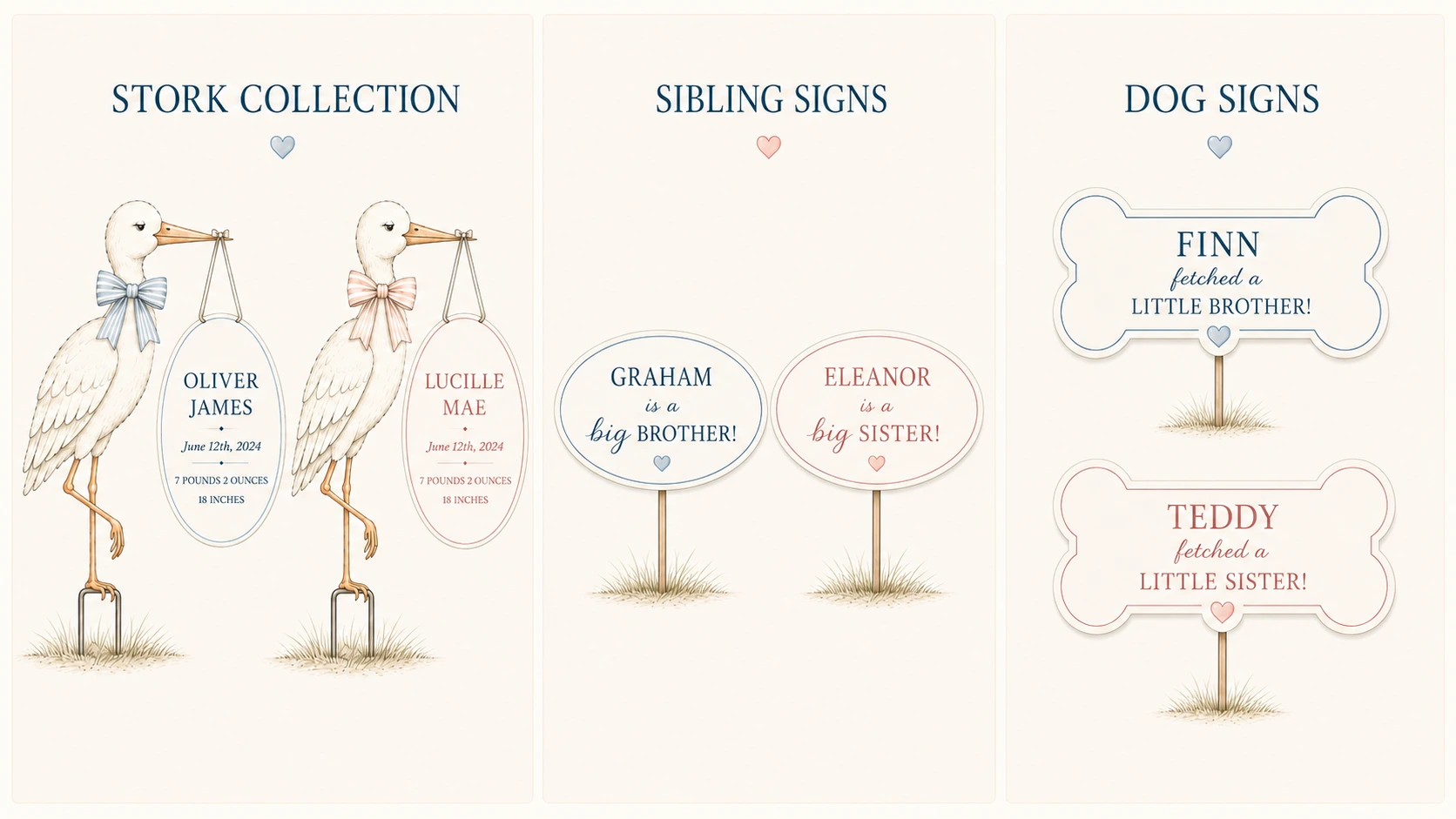 The Little Plume collection with personalized boy and girl storks, sibling signs, and dog bone signs